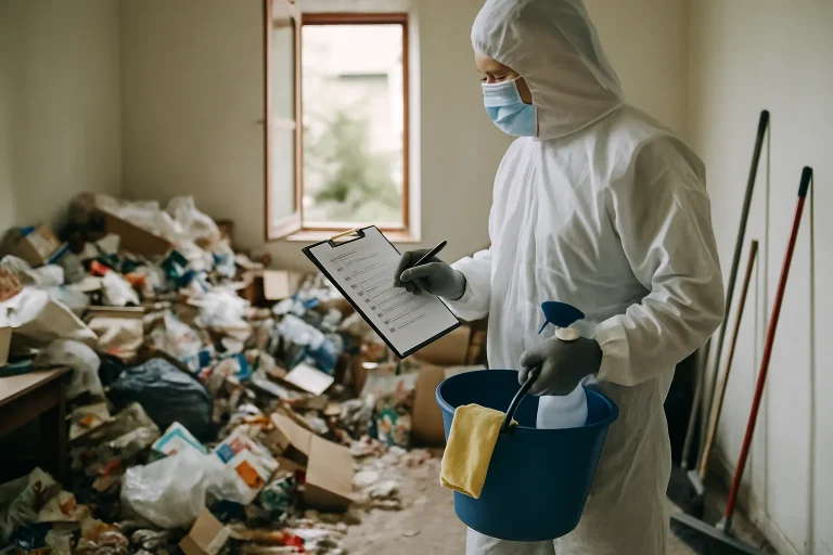 Un professionnel trie des déchets dans une pièce encombrée après diogène à Bourbon-L'Archambault.