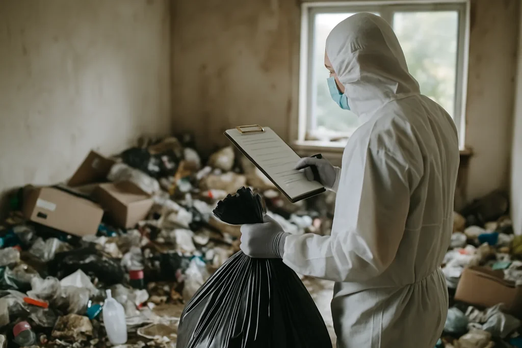 Appartement en désordre à Saint-Julien, avec des objets éparpillés et des déchets visibles.