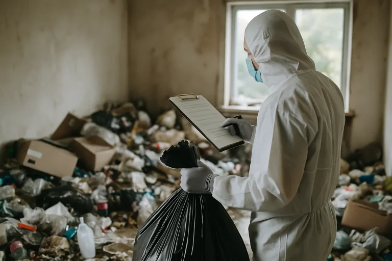 Appartement en désordre à Saint-Julien, avec des objets éparpillés et des déchets visibles.