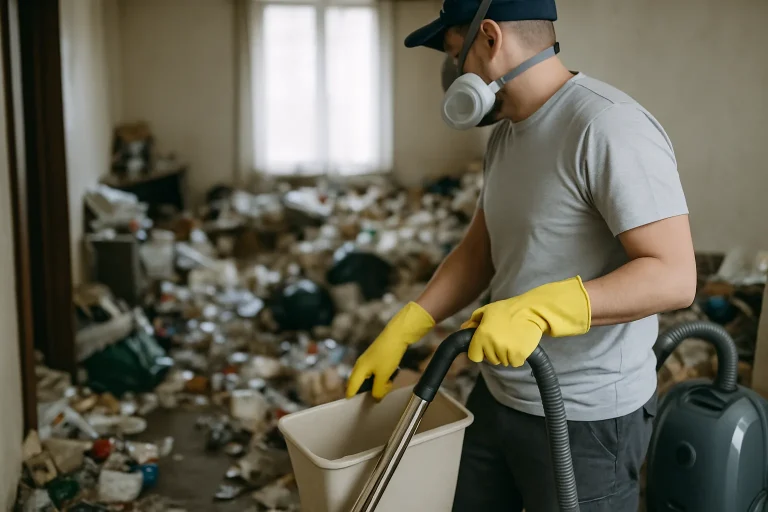 Appartement en désordre à Fesches-Le-Chatel, avec déchets et objets éparpillés.