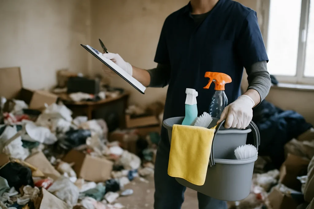 Équipe de nettoyage dans un appartement à Espaly-Saint-Marcel, en train de débarrasser des déchets.