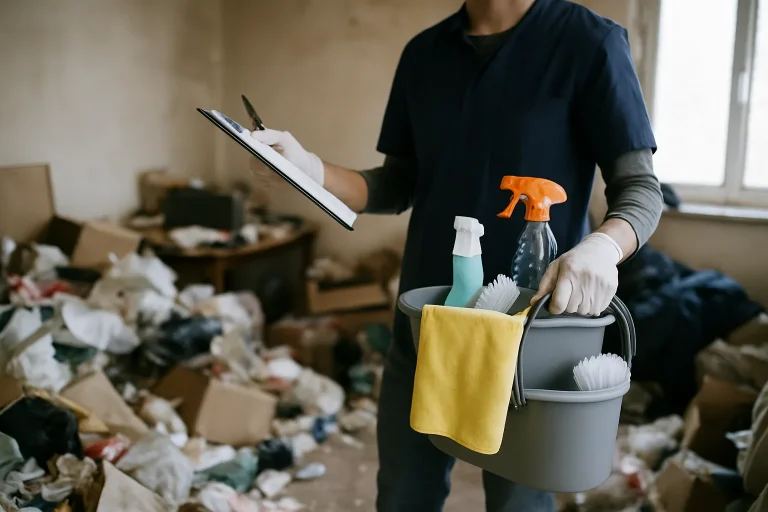 Équipe de nettoyage dans un appartement à Espaly-Saint-Marcel, en train de débarrasser des déchets.