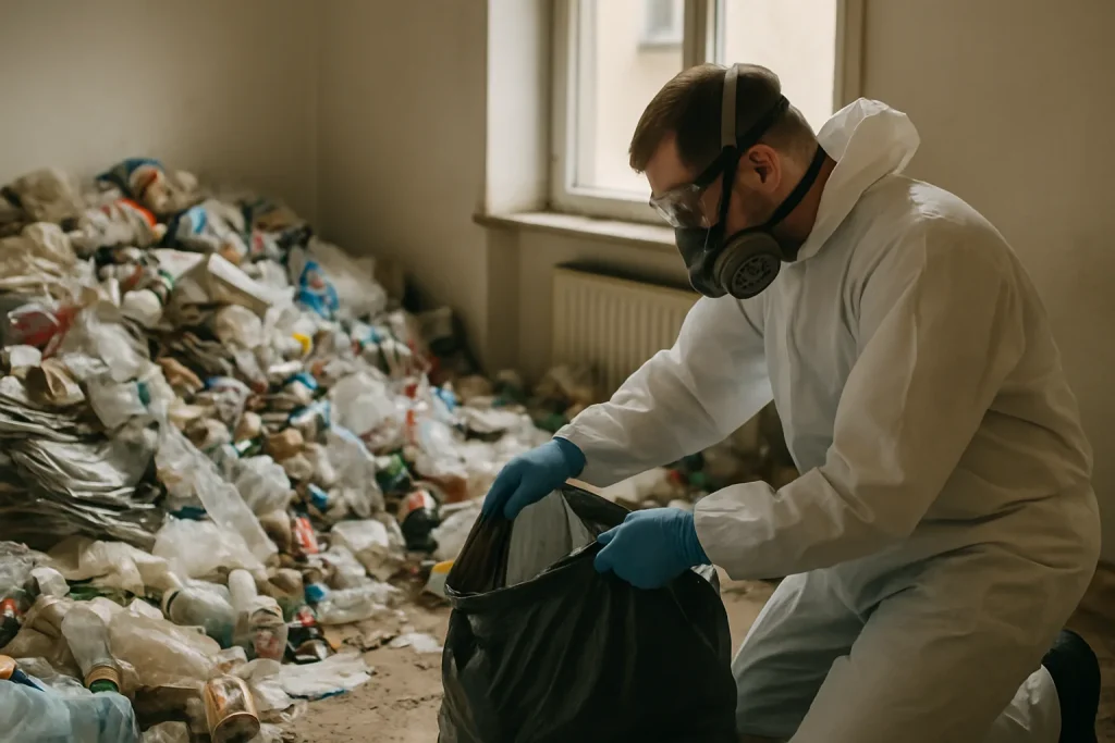 Professionnels en nettoyage dans un appartement en désordre à Sene.