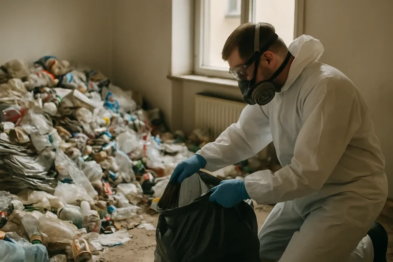Professionnels en nettoyage dans un appartement en désordre à Sene.