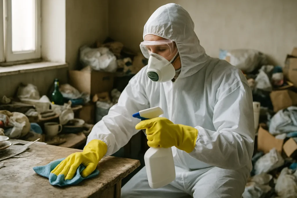 Un professionnel du nettoyage s'occupe d'un appartement en désordre après syndrome de Diogène à Saint-Georges-Sur-Eure.