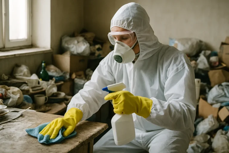 Un professionnel du nettoyage s'occupe d'un appartement en désordre après syndrome de Diogène à Saint-Georges-Sur-Eure.