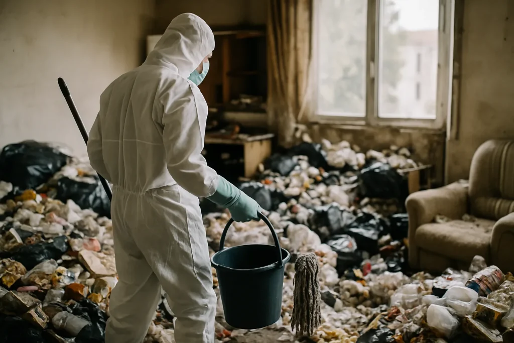 Travailleurs nettoyant un appartement en désordre après un syndrome de Diogène à Locmiquelic.