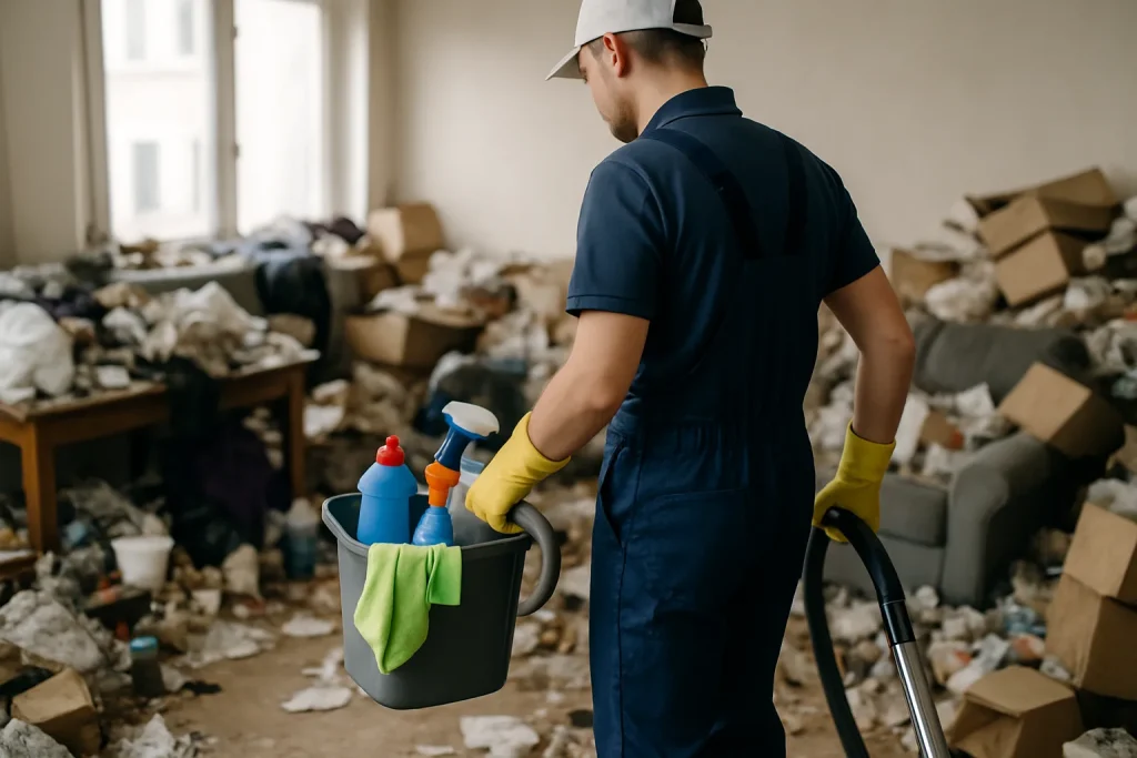 Intérieur d'un appartement à Audierne en désordre, illustrant le besoin d'un nettoyage après syndrome de Diogène.