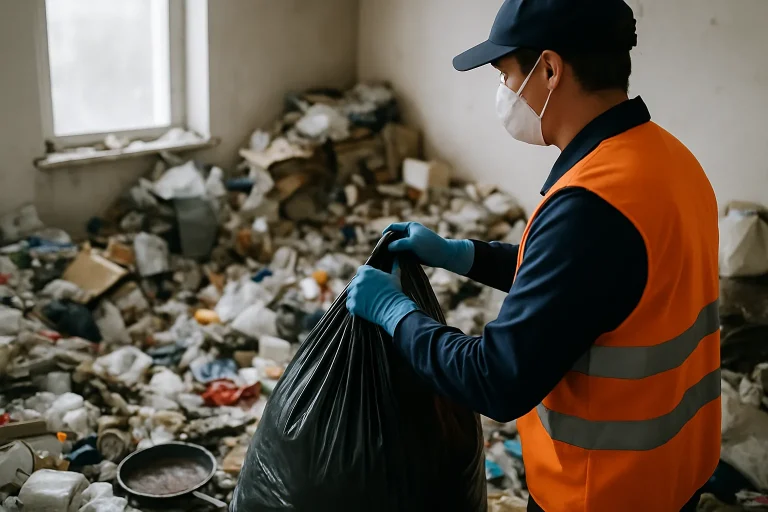 Équipe professionnelle nettoyant un appartement en désordre à Pace après syndrome de Diogène.