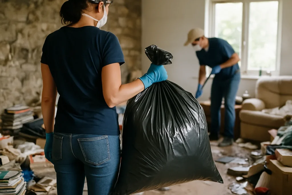 Intérieur chaotique avec déchets à Gouesnach, avant intervention de nettoyage.