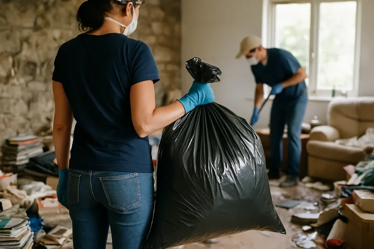 Intérieur chaotique avec déchets à Gouesnach, avant intervention de nettoyage.