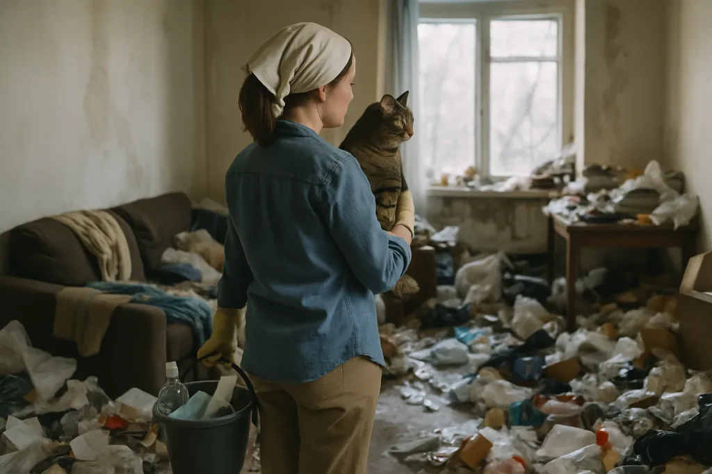 Équipe de nettoyage professionnelle dans un appartement en désordre à Chatte, aidant une famille.