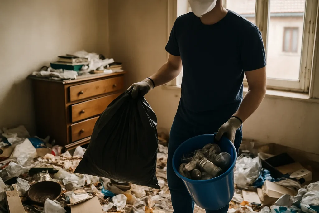 Équipe de nettoyage professionnel en train de débarrasser un appartement à Le-Bois-D'Oingt.