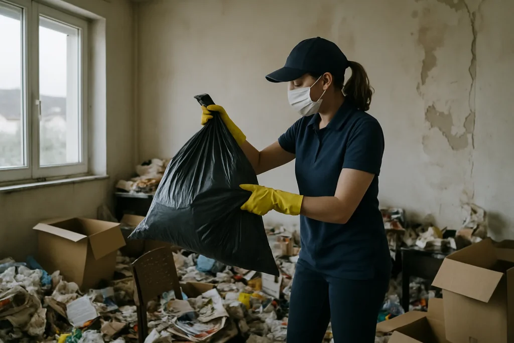 Pièce en désordre avec des déchets, avant le nettoyage après diogène à Saint-Eloy-Les-Mines.