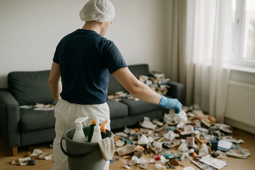Intérieur désordonné d'un appartement à Barberaz, montrant un besoin urgent de nettoyage.