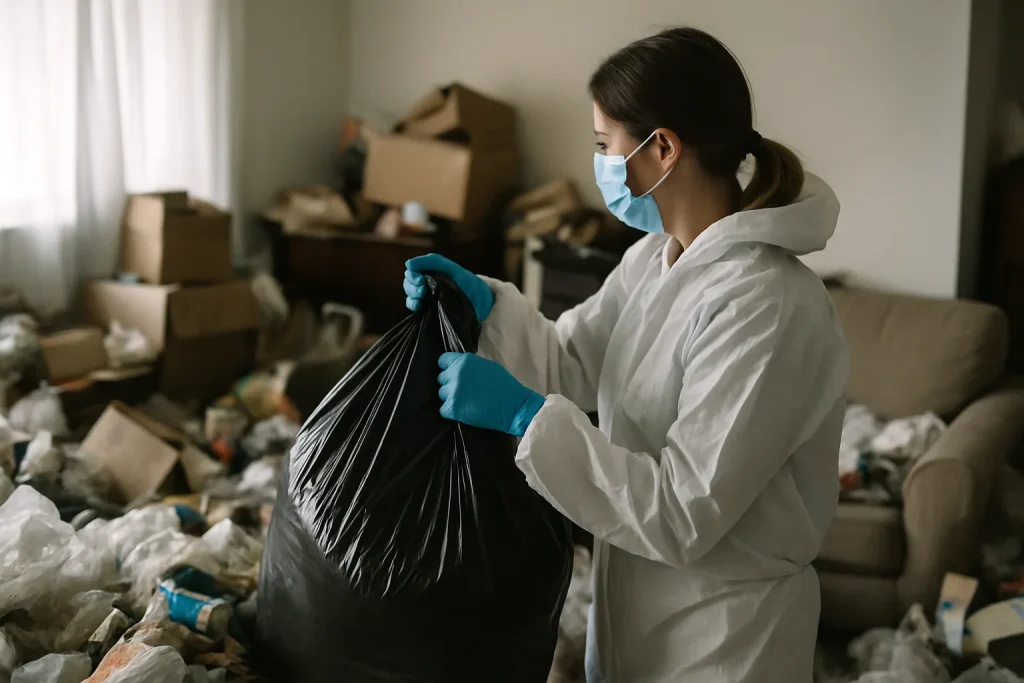 Équipe de nettoyage dans un appartement en désordre à Brassac-Les-Mines.