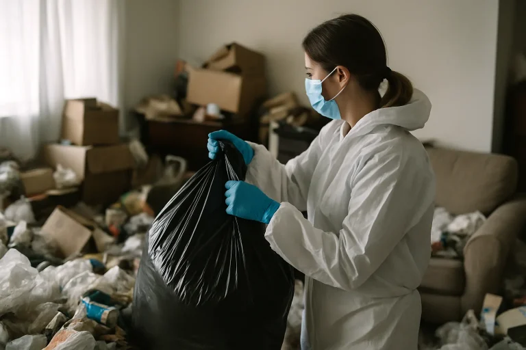 Équipe de nettoyage dans un appartement en désordre à Brassac-Les-Mines.