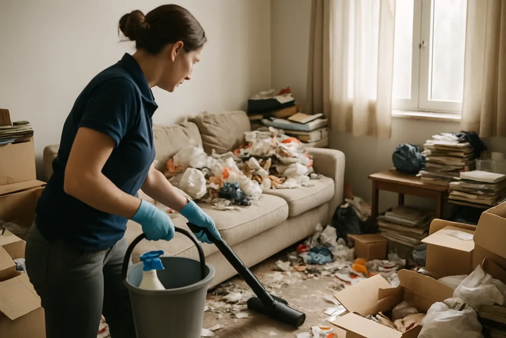 Intérieur d'un appartement en désordre à Plaintel, nécessitant un nettoyage après syndrome de Diogène.