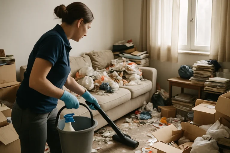 Intérieur d'un appartement en désordre à Plaintel, nécessitant un nettoyage après syndrome de Diogène.