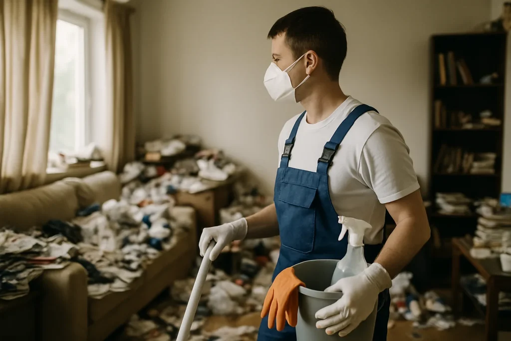 Une équipe effectuant un nettoyage approfondi dans un appartement encombré à Sciez.