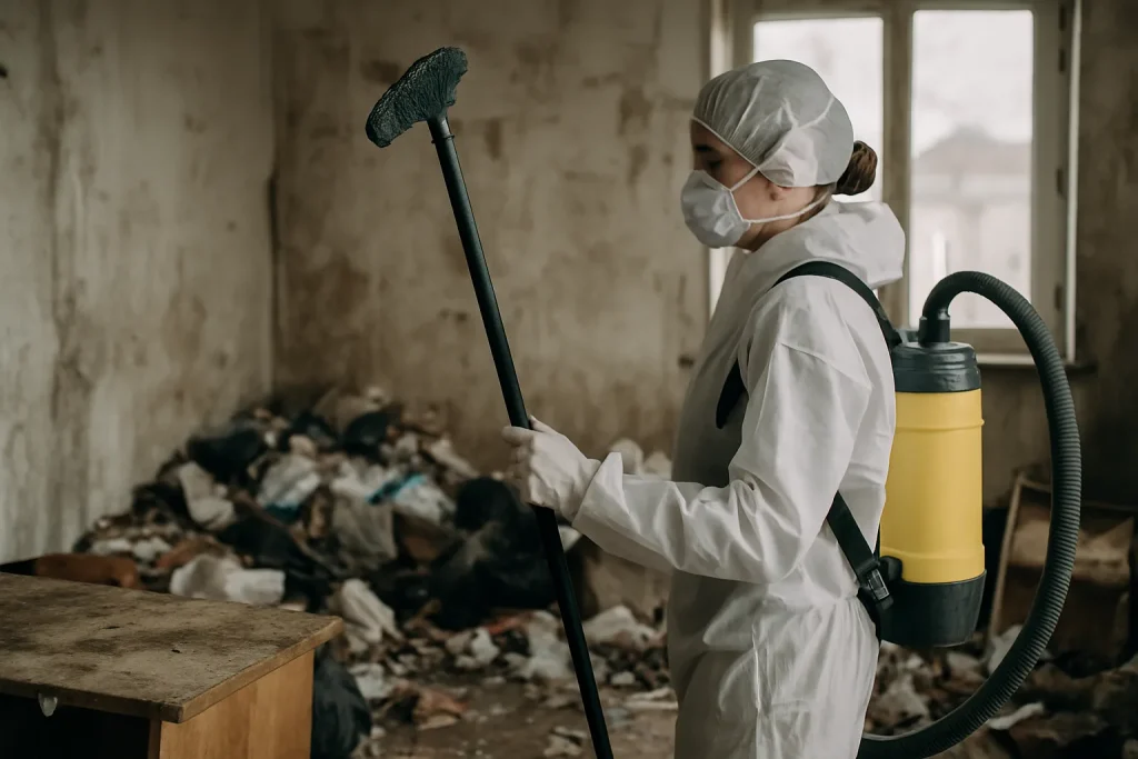 Équipe de nettoyage professionnelle travaillant dans un appartement encombré à Balbigny.