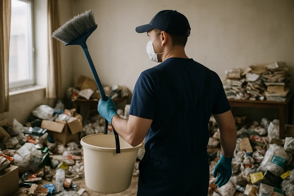 Professionnels nettoyant un appartement en désordre à Bourg-Saint-Maurice.