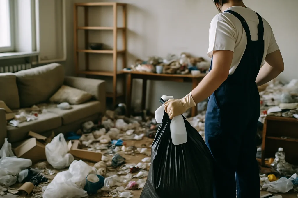 Intérieur d'un appartement à Fleurieux-Sur-L'Arbresle avec des déchets et des objets éparpillés.