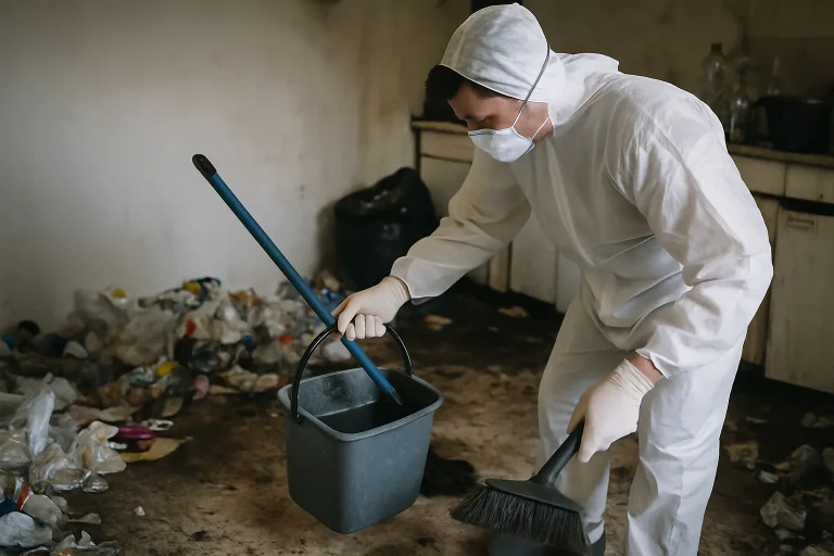 Un professionnel nettoyant un appartement en désordre à Magland, montrant des déchets et objets éparpillés.