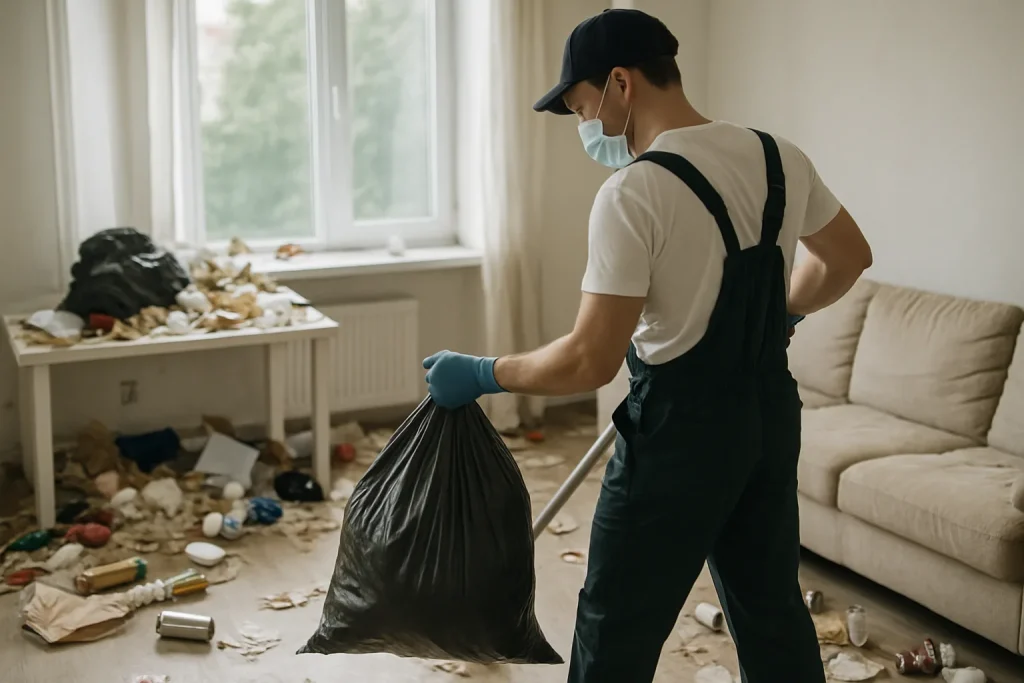 Appartement désordonné à Sayat nécessitant un nettoyage après diogène, avec des objets dispersés.
