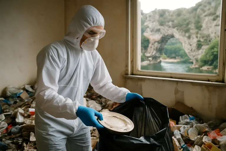 Équipe de nettoyage dans un appartement en désordre à Vallon-Pont-D'Arc, avec des sacs poubelles visibles.