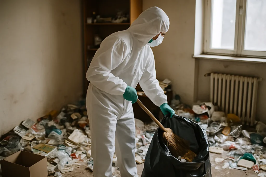 Équipe de nettoyage en action dans un appartement après syndrome de Diogène à Vezin-Le-Coquet.