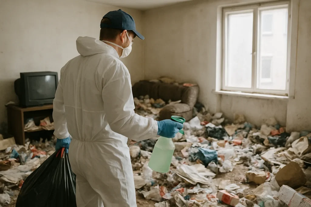 Équipe de nettoyage dans un appartement encombré à Queven, montrant des déchets et un désordre important.