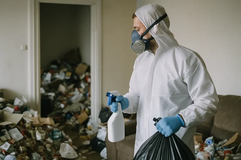 Intérieur d'un appartement à Plerin, montrant un désordre important après syndrome de Diogène.