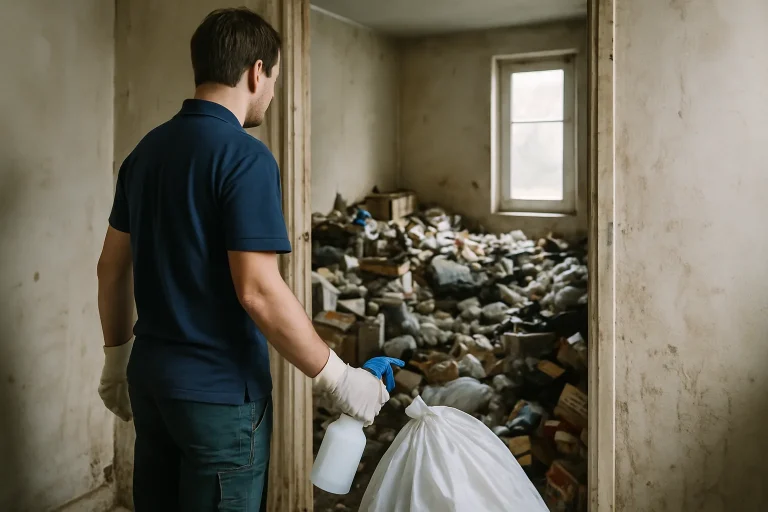 Professionnels nettoient un appartement désordonné à Saint-Benoit-Sur-Loire après syndrome de Diogène.