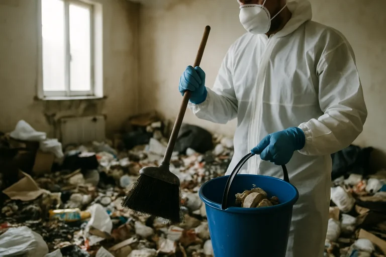 Équipe de nettoyage dans un appartement désordonné à Mettray, traitement après syndrome de Diogène.
