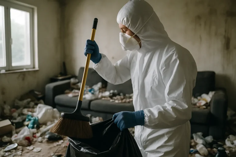 Intérieur d'un appartement à Trainou avec des objets éparpillés et accumulés.