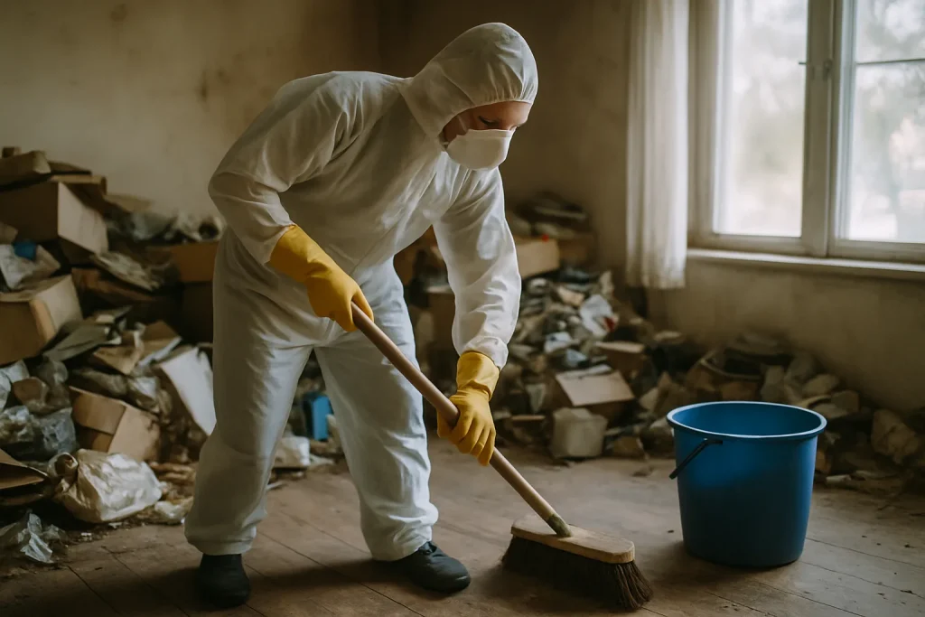 Un appartement à La-Cote-Saint-Andre avant et après le nettoyage après syndrome de Diogène, montrant des déchets et de l'ordre.