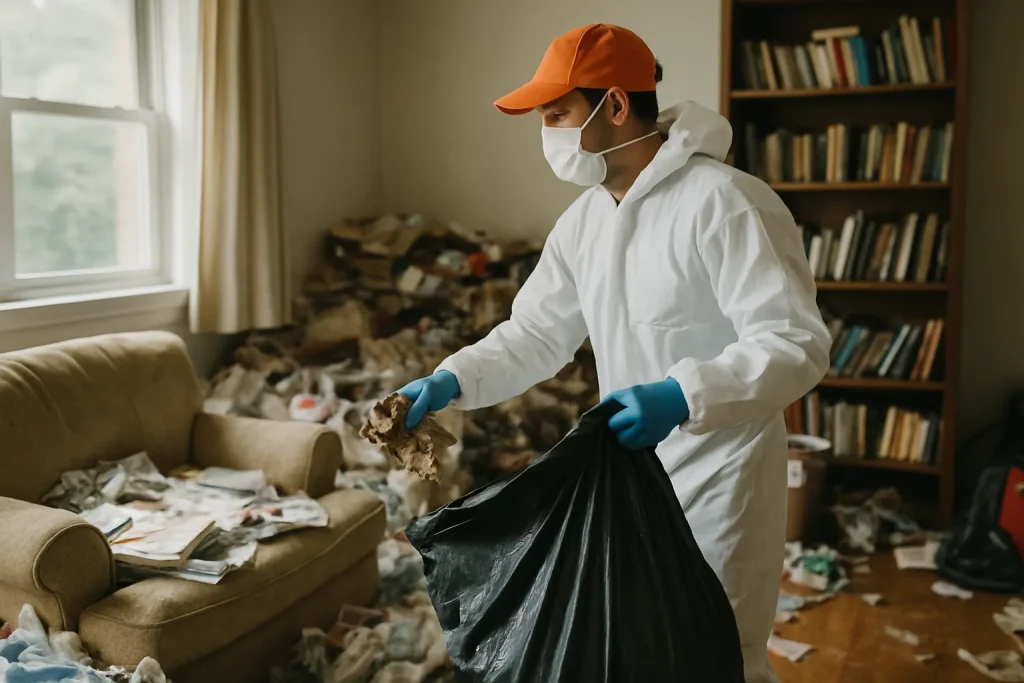 Professionnels nettoyant un appartement en désordre à Notre-Dame-D'Oe après syndrome de Diogène.