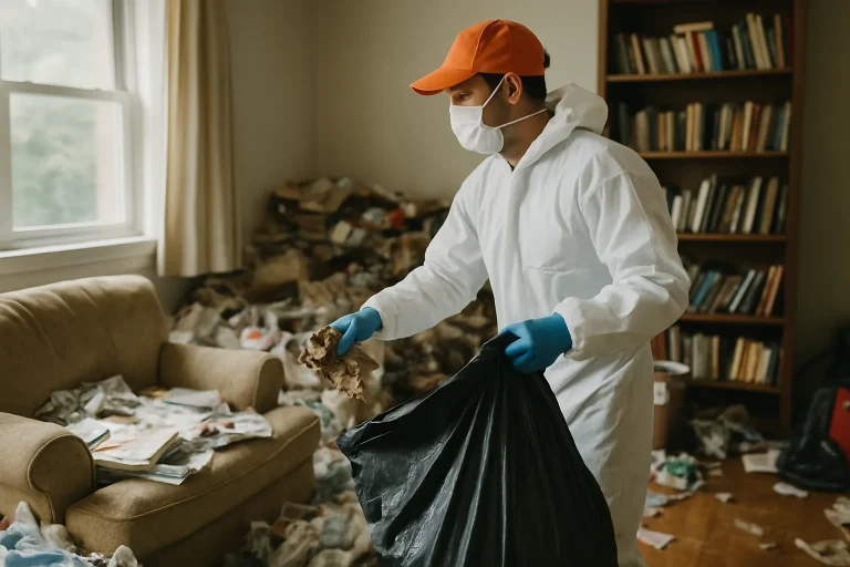 Professionnels nettoyant un appartement en désordre à Notre-Dame-D'Oe après syndrome de Diogène.