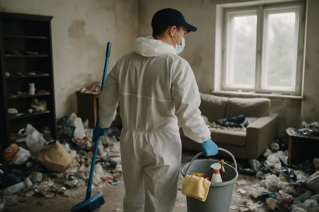 Équipe de nettoyage dans un appartement encombré à Selongey, avec des objets éparpillés et des sacs de déchets.