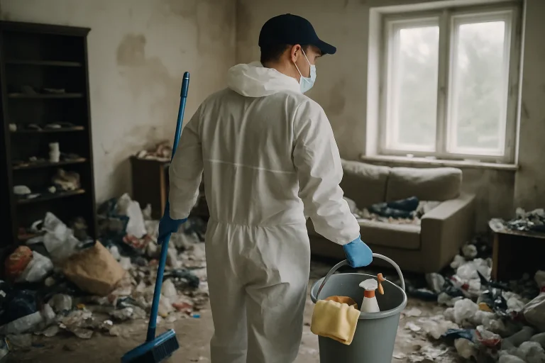 Équipe de nettoyage dans un appartement encombré à Selongey, avec des objets éparpillés et des sacs de déchets.
