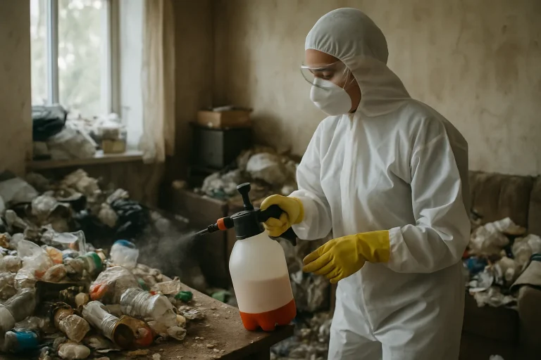 Salle en désordre avec objets et détritus, nécessitant un nettoyage après syndrome de Diogène.