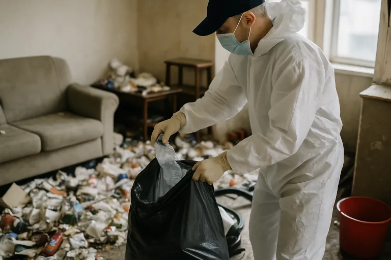 Équipe de nettoyage en action dans un appartement en désordre à Saint-Cyprien.