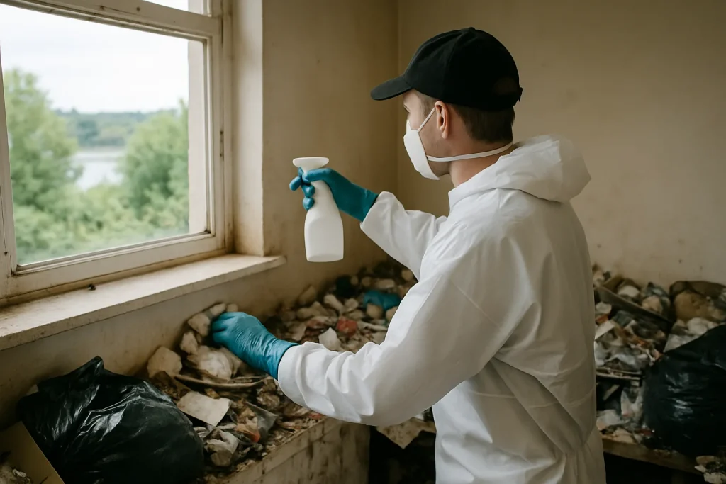Intérieur d'un appartement à Plouer-Sur-Rance, montrant un désordre important dû au syndrome de Diogène.