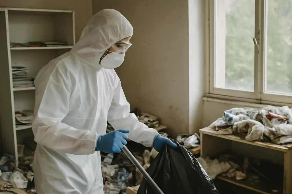 Équipe de nettoyage en action dans un appartement en désordre à Saint-Jorioz.