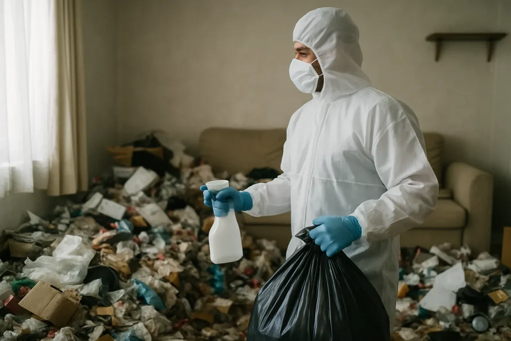 Un professionnel du nettoyage travaille dans un appartement en désordre à Anse.