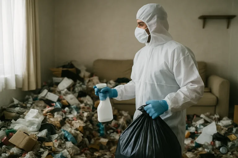 Un professionnel du nettoyage travaille dans un appartement en désordre à Anse.