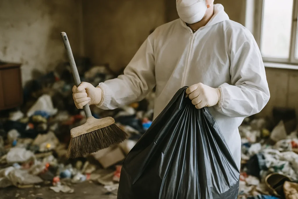 Un appartement en désordre avant nettoyage, avec des déchets et des objets éparpillés.