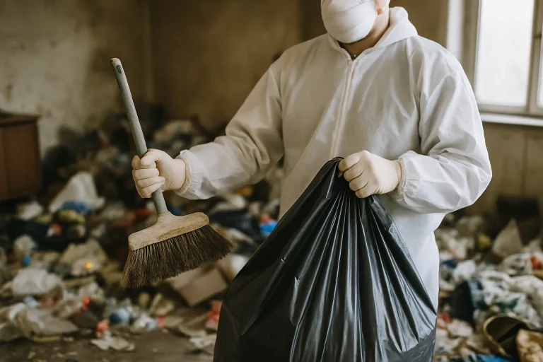 Un appartement en désordre avant nettoyage, avec des déchets et des objets éparpillés.