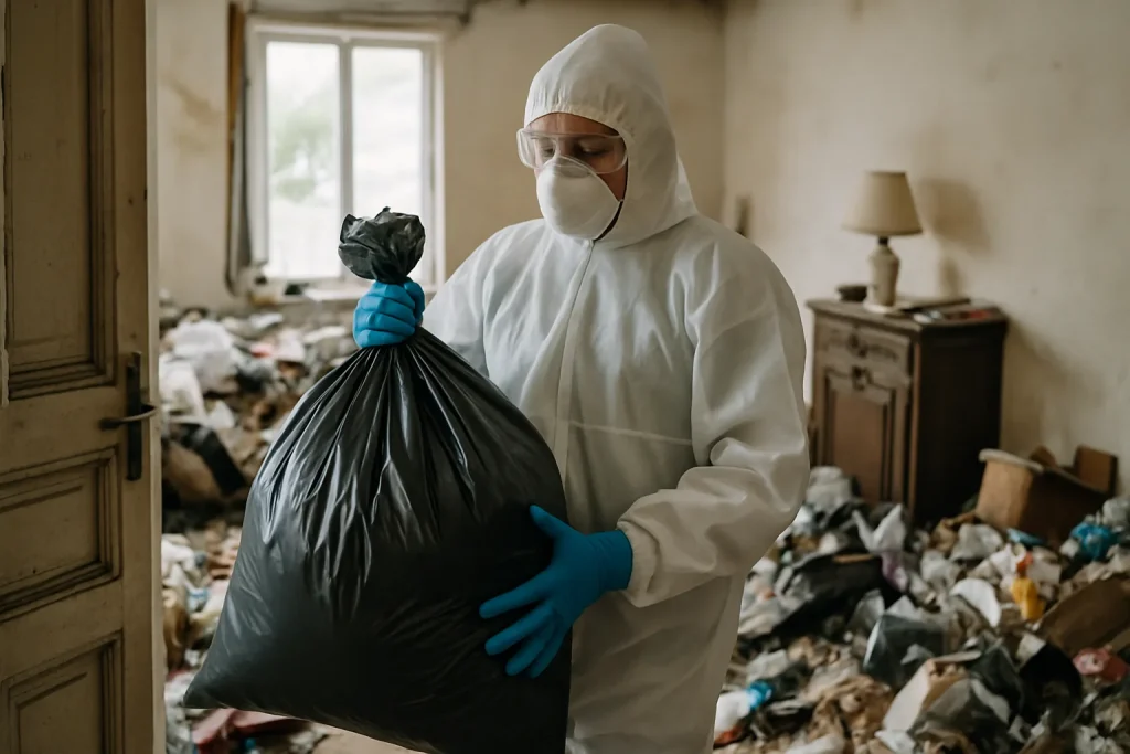 Intérieur d'un appartement à Plouezec avant nettoyage avec désordre et déchets visibles.
